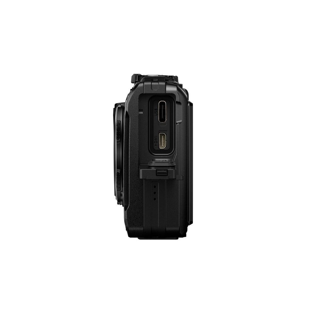 Schwarze Action-Kamera mit HDMI- und USB-Anschlüssen an der Seite.