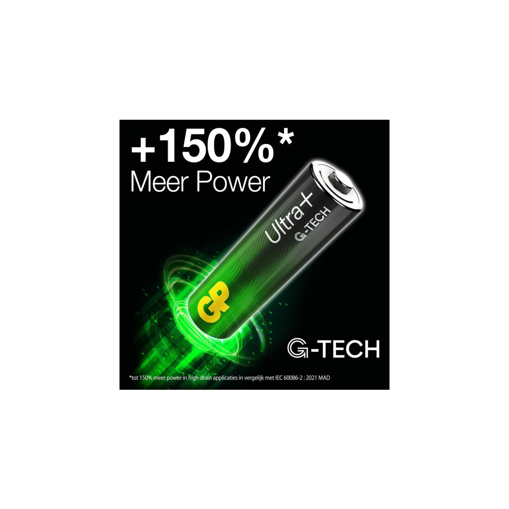 Una batería verde GP Ultra+ G-TECH con una ventaja de potencia del +150%.