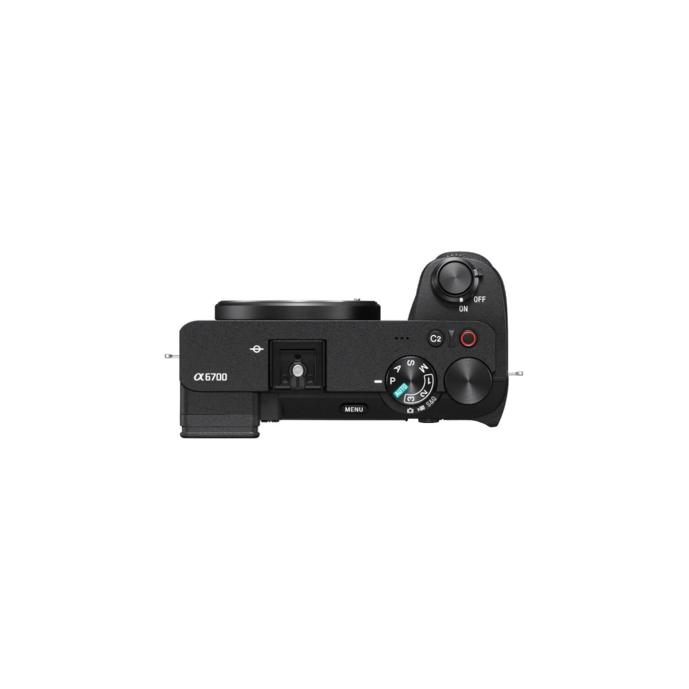 Top view of a black Sony Alpha 6700 camera, showing controls and labels.