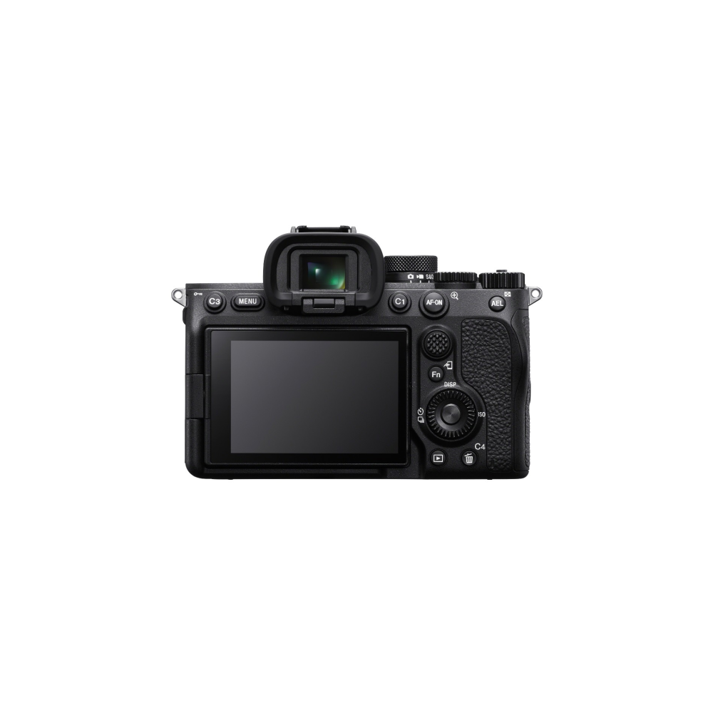 Back view of a black digital camera with LCD screen and controls.