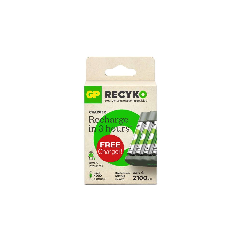 GP RECYKO charger with 4 AA batteries, recharges in 3 hours.