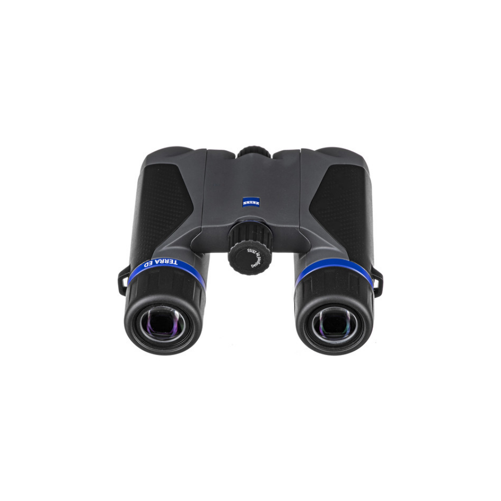 Prismáticos Zeiss grises con detalles azules y rueda de enfoque negra.