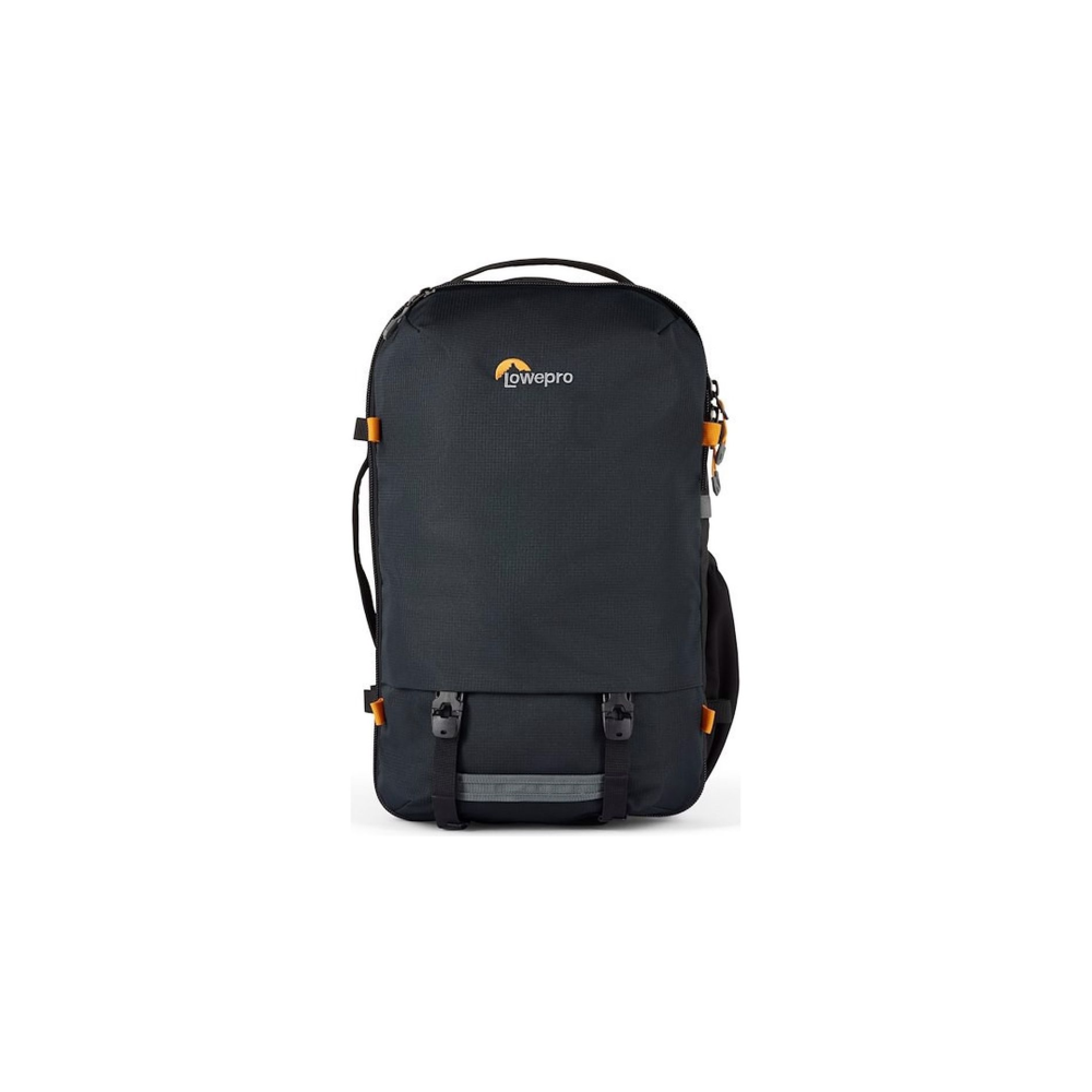 A black backpack with orange accents and the Lowepro logo.