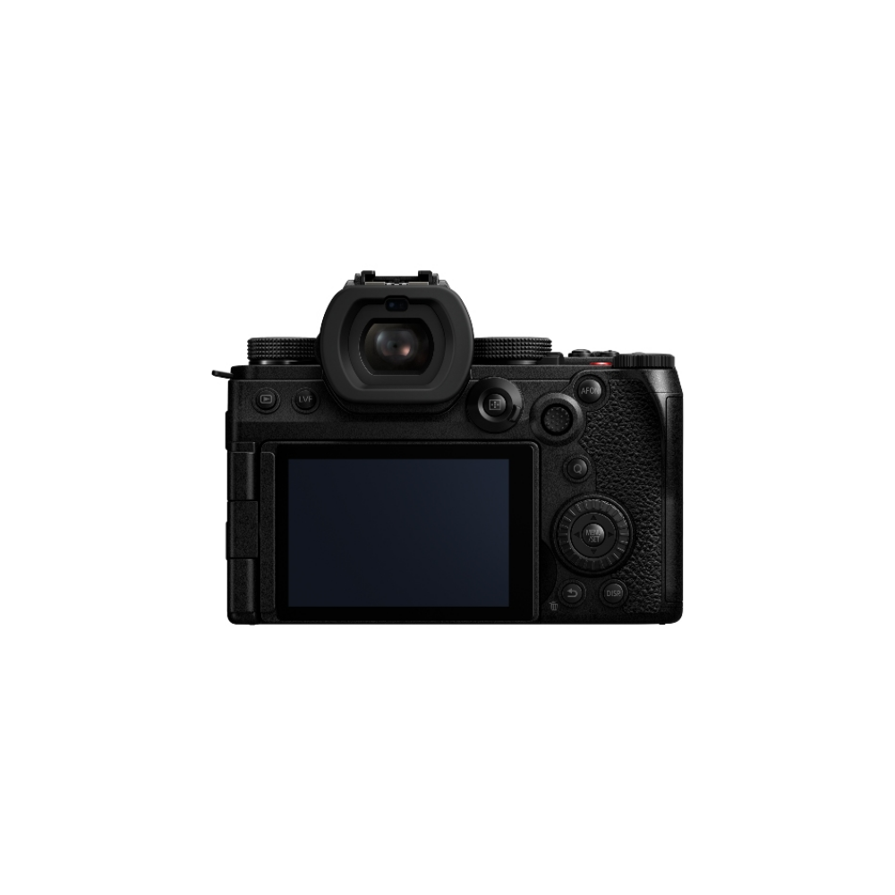 Achterkant van een zwarte digitale camera met zoeker, scherm en bedieningselementen.