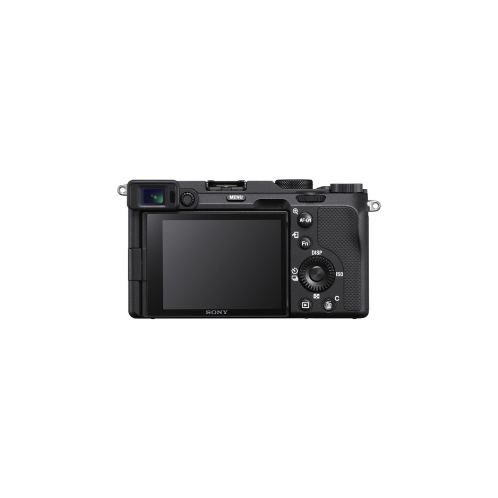 Achterkant van een zwarte Sony camera met LCD-scherm en bedieningsknoppen.