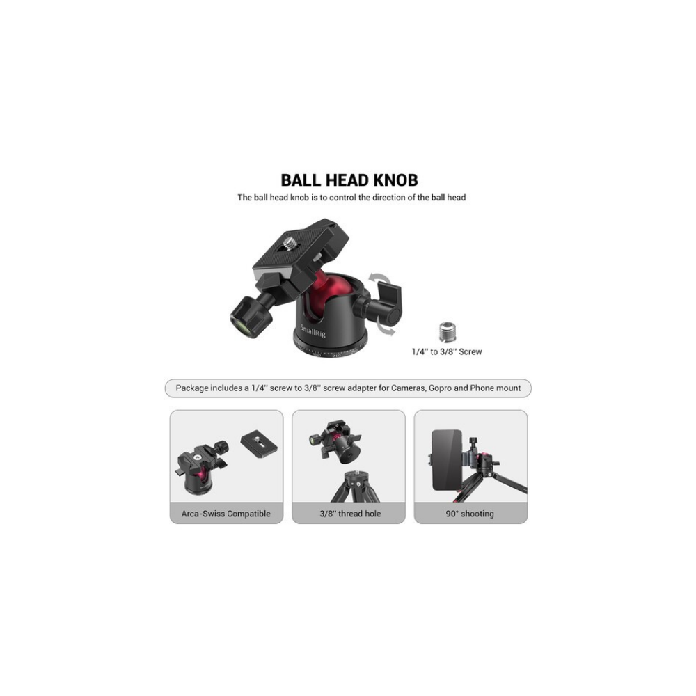 Un adattatore per treppiede a testa sferica nero e rosso, compatibile Arca-Swiss.