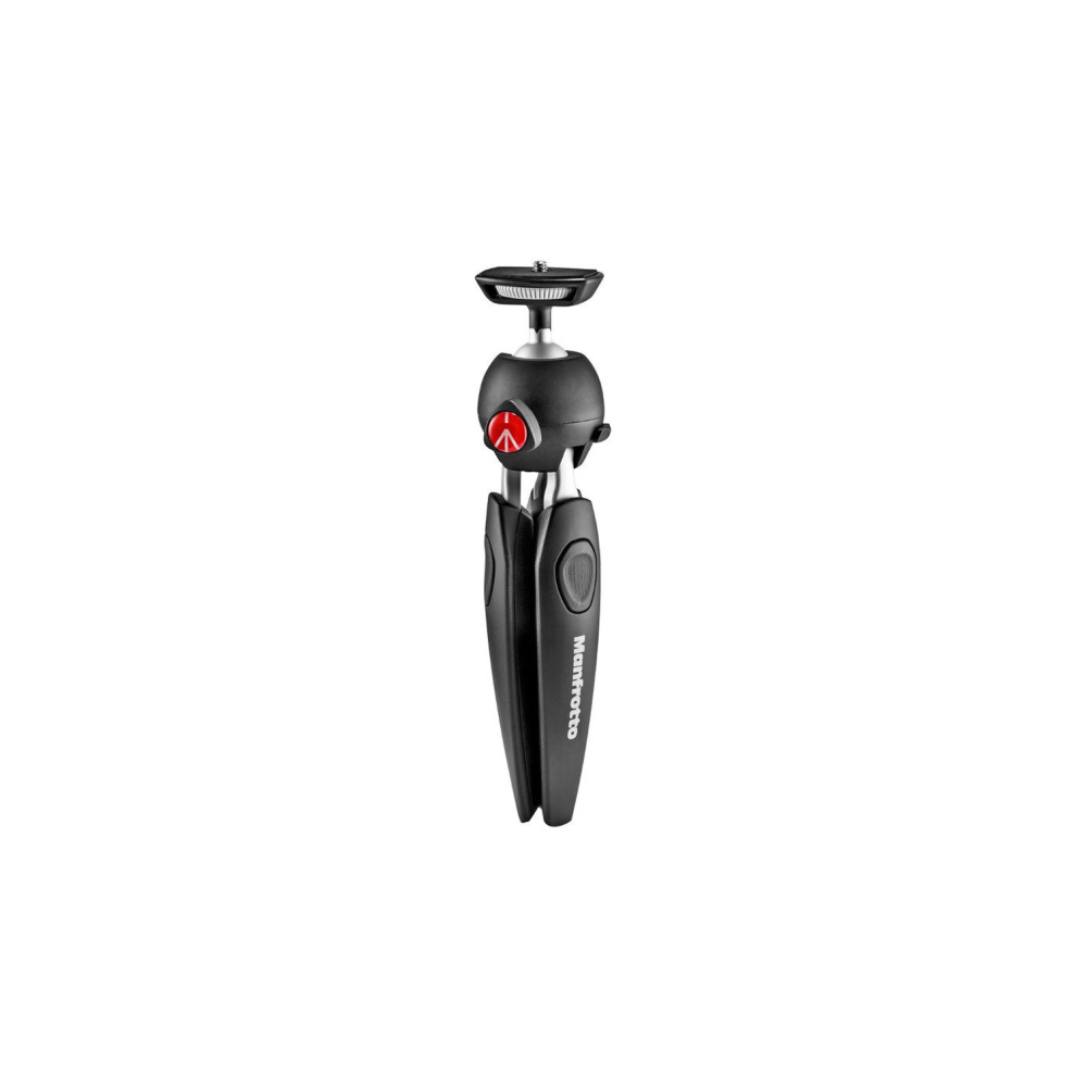 Czarny mini statyw Manfrotto z czerwonym logo Manfrotto na głowicy kulowej.