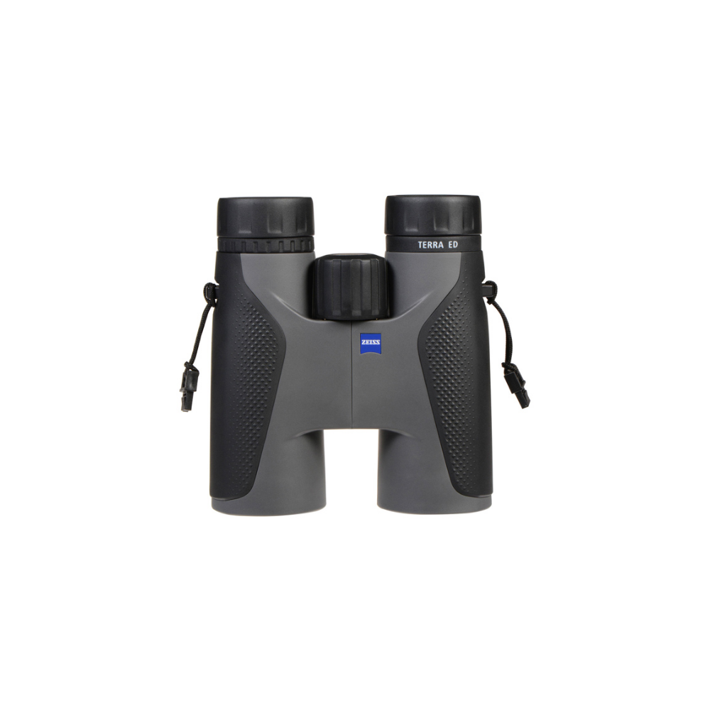 Gray Zeiss Terra ED binoculars with a black focus wheel and neck strap.