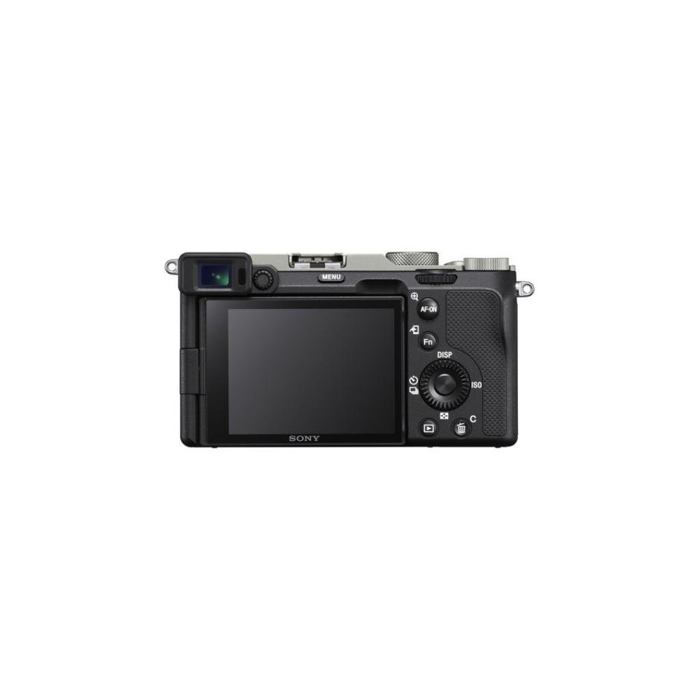 Achterkant van een zwarte Sony camera met LCD-scherm en bedieningsknoppen.