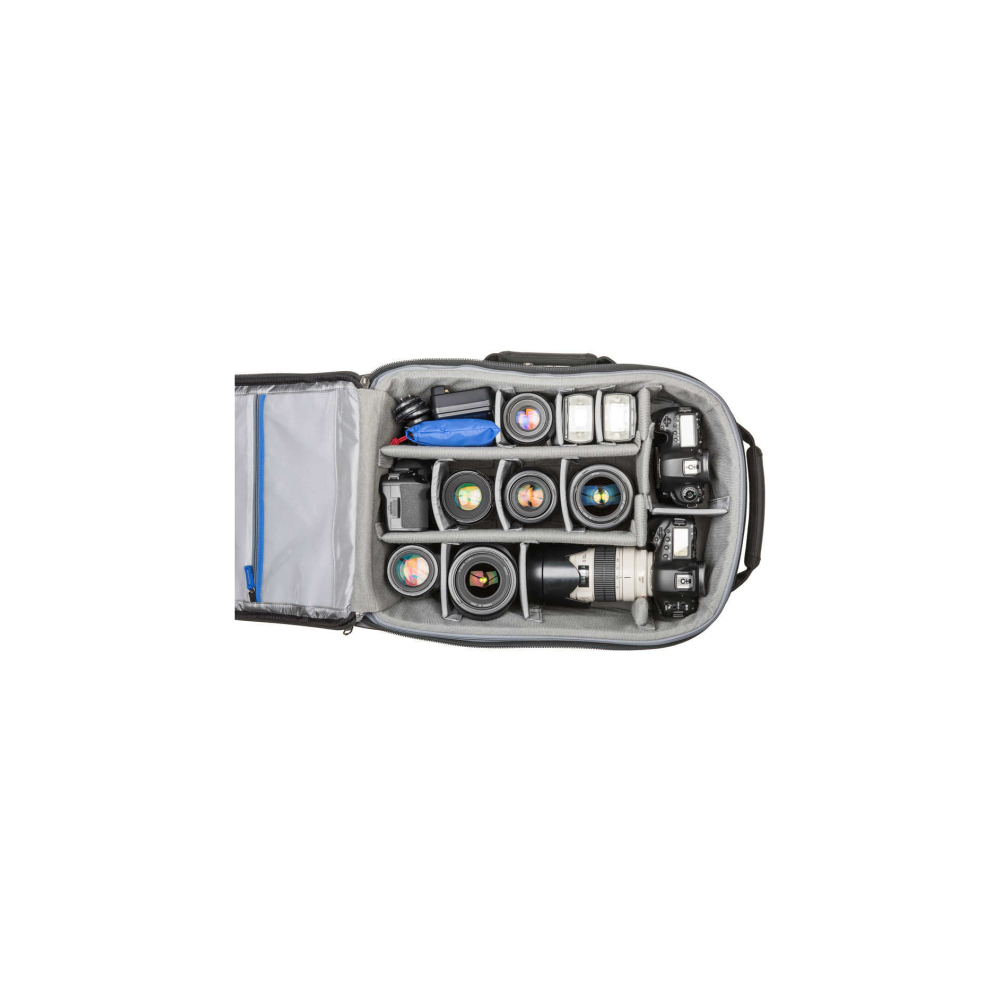 A camera bag with multiple lenses, cameras, and accessories, organized into compartments.