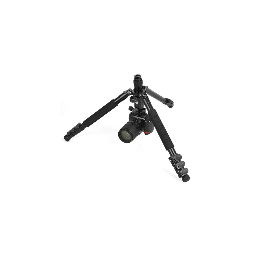 A black camera tripod with an attached camera, standing on three legs.