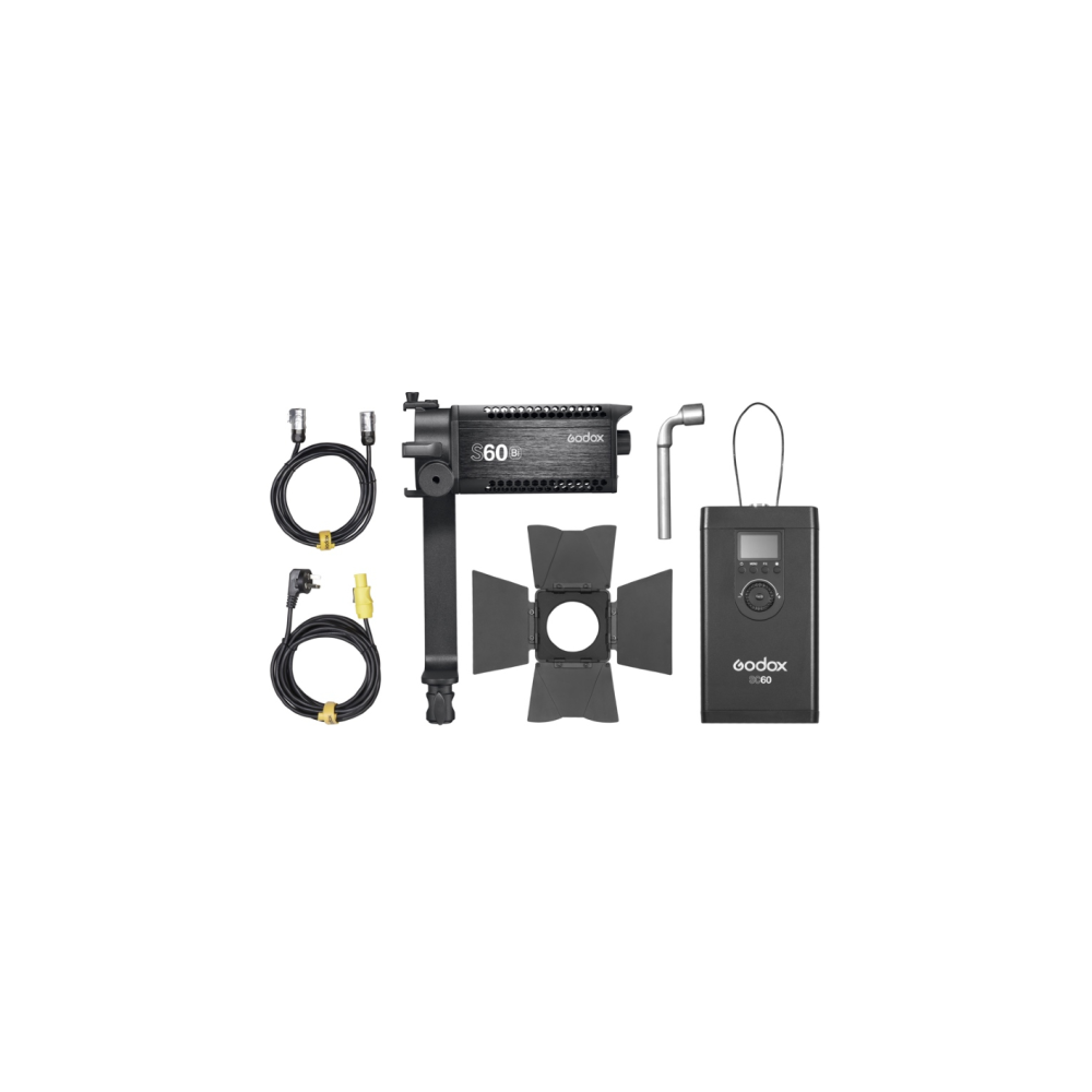 Godox S60 LED-lamp met accessoires: kabels, barn doors, handvat en afstandsbediening.
