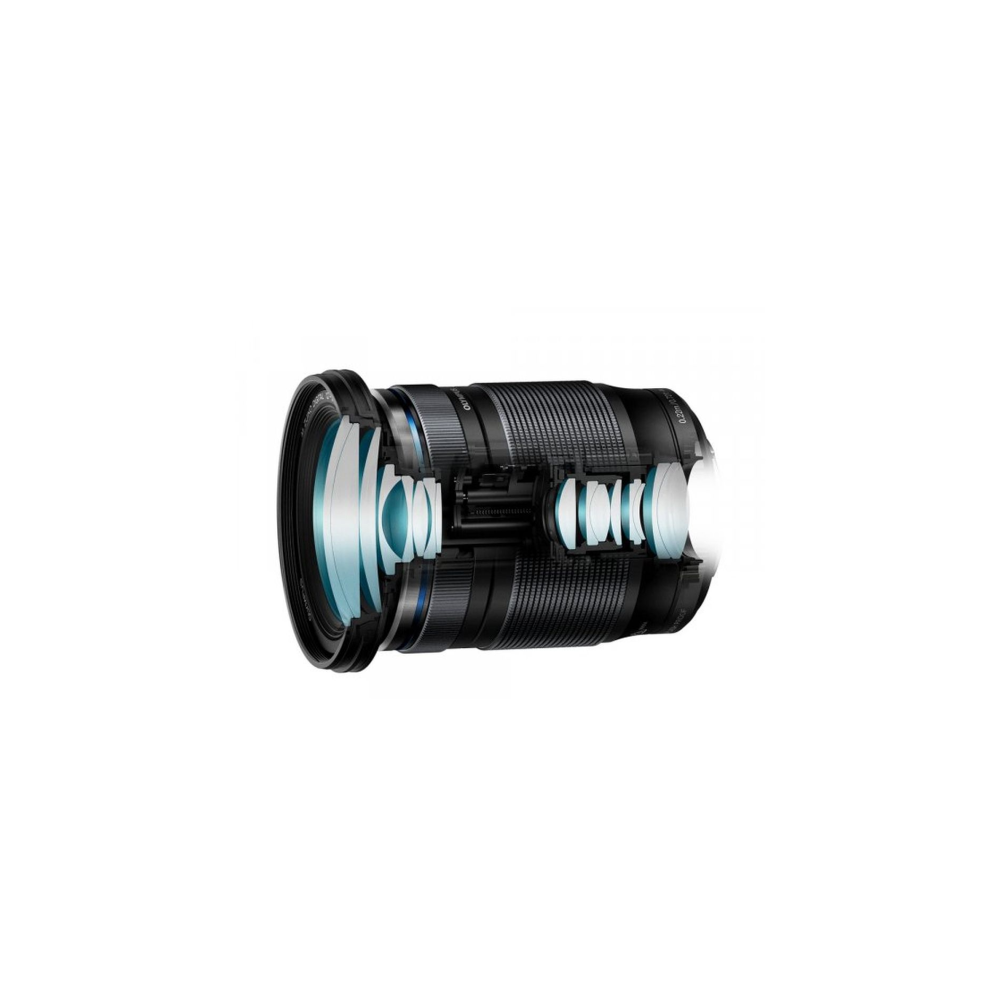 Cross-section view of a black camera lens showing internal lenses and mechanisms.