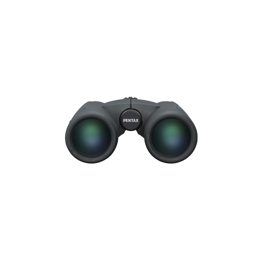 Grijze Pentax verrekijker met twee lenzen en een scherpstelwiel in het midden.