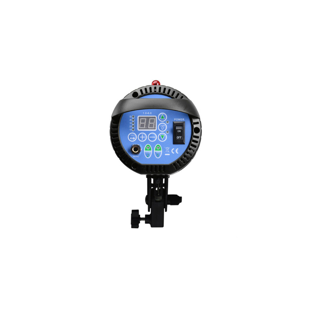 A studio flash with a digital display, buttons, and a switch, mounted on a bracket.