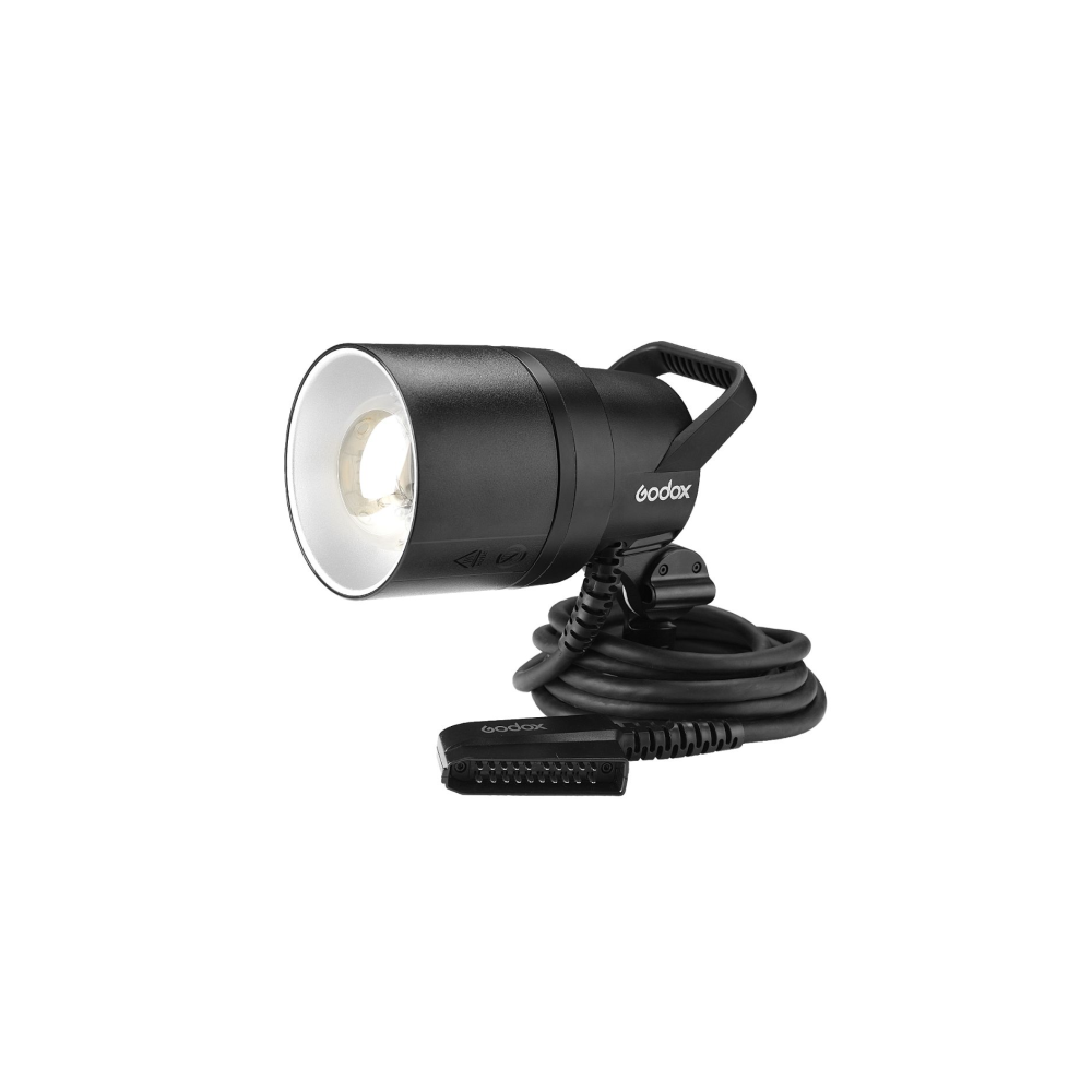 Ein schwarzes Godox-Kamerablitzgerät mit Spiralkabel und Stecker.