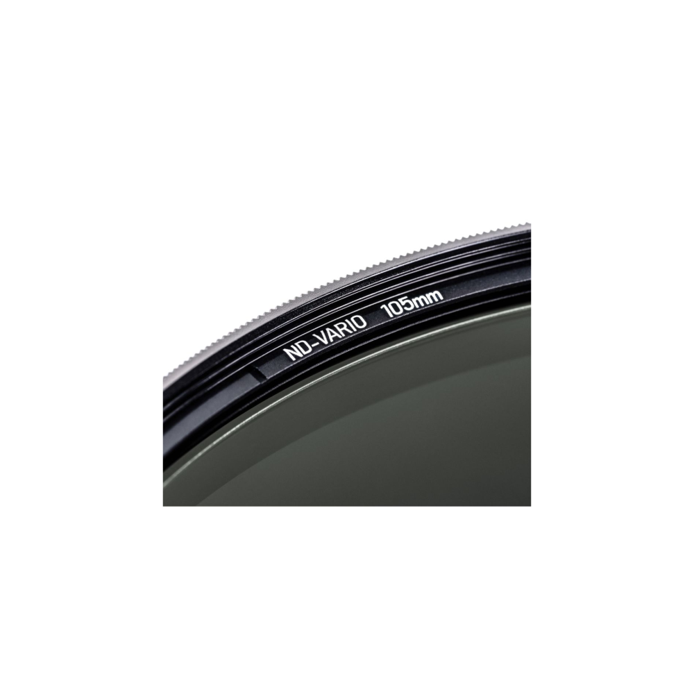 Een ND-VARIO 105mm filter met een gekartelde rand op witte achtergrond.