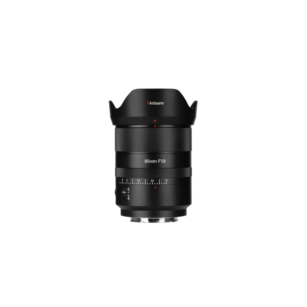A black 7Artisans 85mm F1.8 lens with lens hood and focus ring.