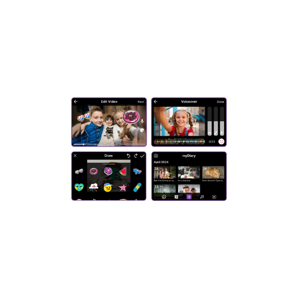 Vier App-Bildschirme: Video bearbeiten, Voiceover, Zeichnen und Tagebuch.