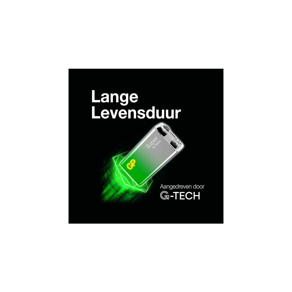 Ein GP Super G-TECH Akku mit grüner Energieentladung und Text.