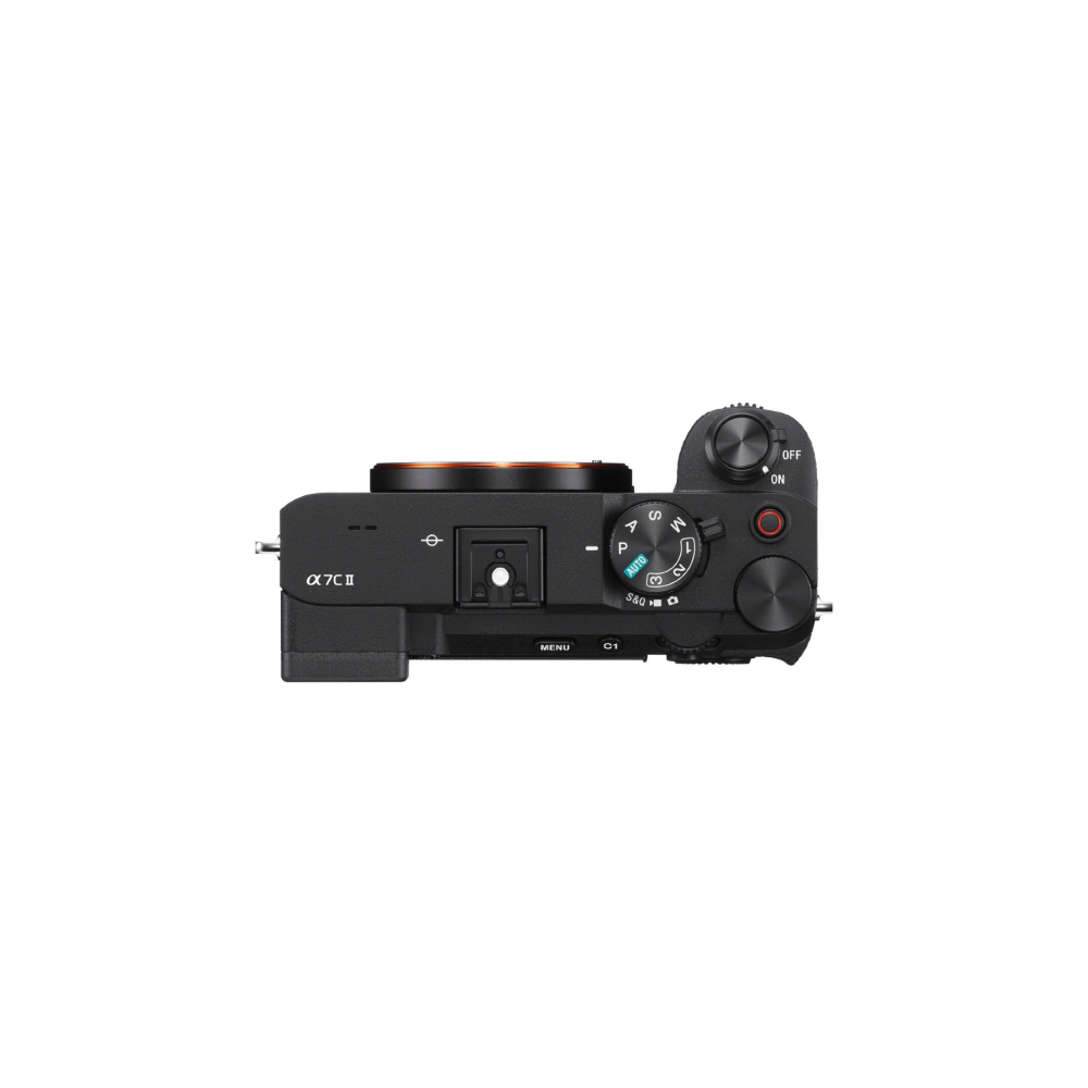 Top view of a black Sony Alpha 7C II camera with focus ring and mode dial.
