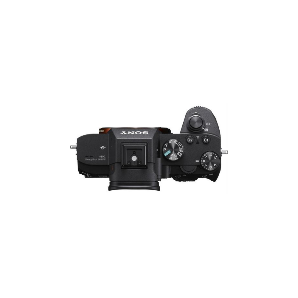 Bovenaanzicht van een zwarte Sony camera met draaiknoppen en knoppen.