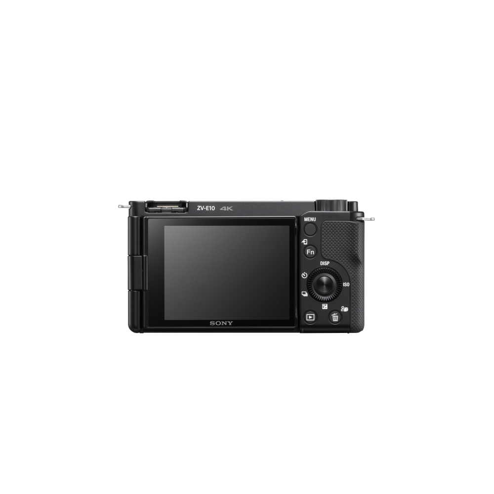 Back view of a black Sony ZV-E10 4K camera with a flip screen and control buttons.