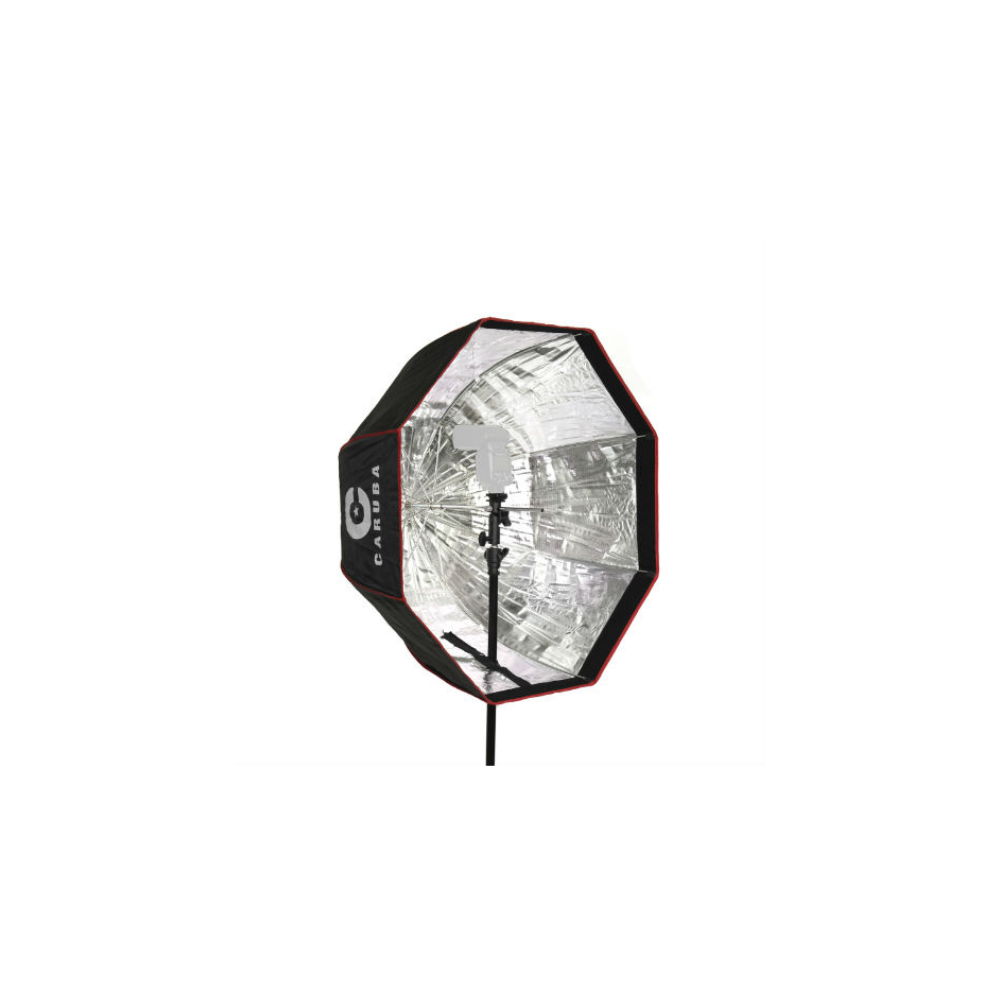 Zilveren achthoekige softbox reflector met rode rand en zwarte stof
