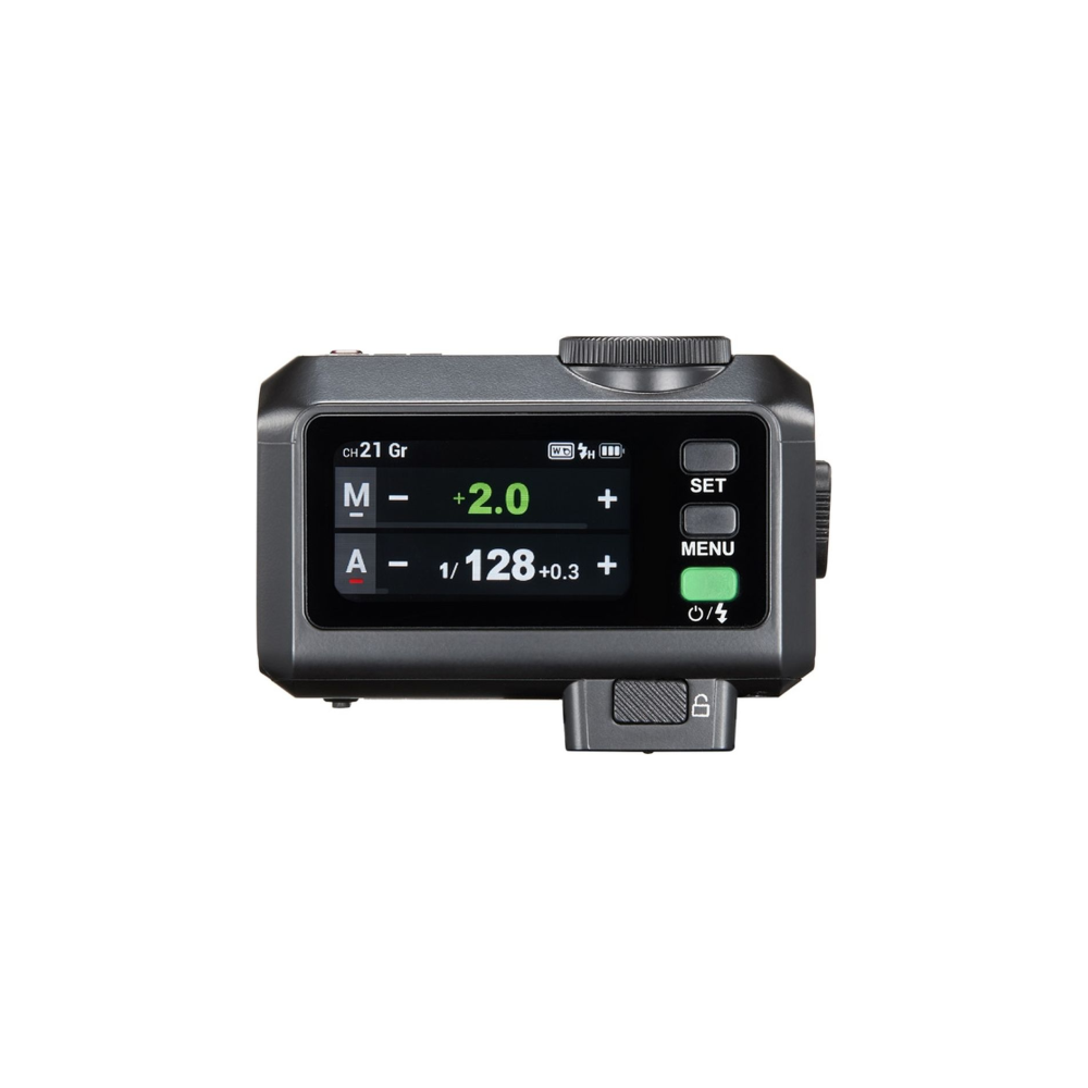 Grijze flitsontspanner met LCD-scherm toont CH 21, M-modus +2.0, A-modus 1/128+0.3.