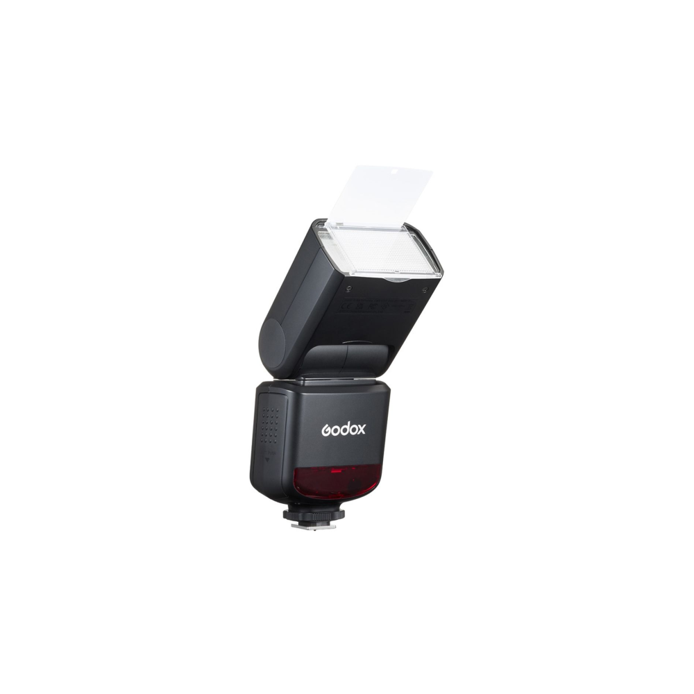 A black Godox flash head with red accent light stands on a white background.