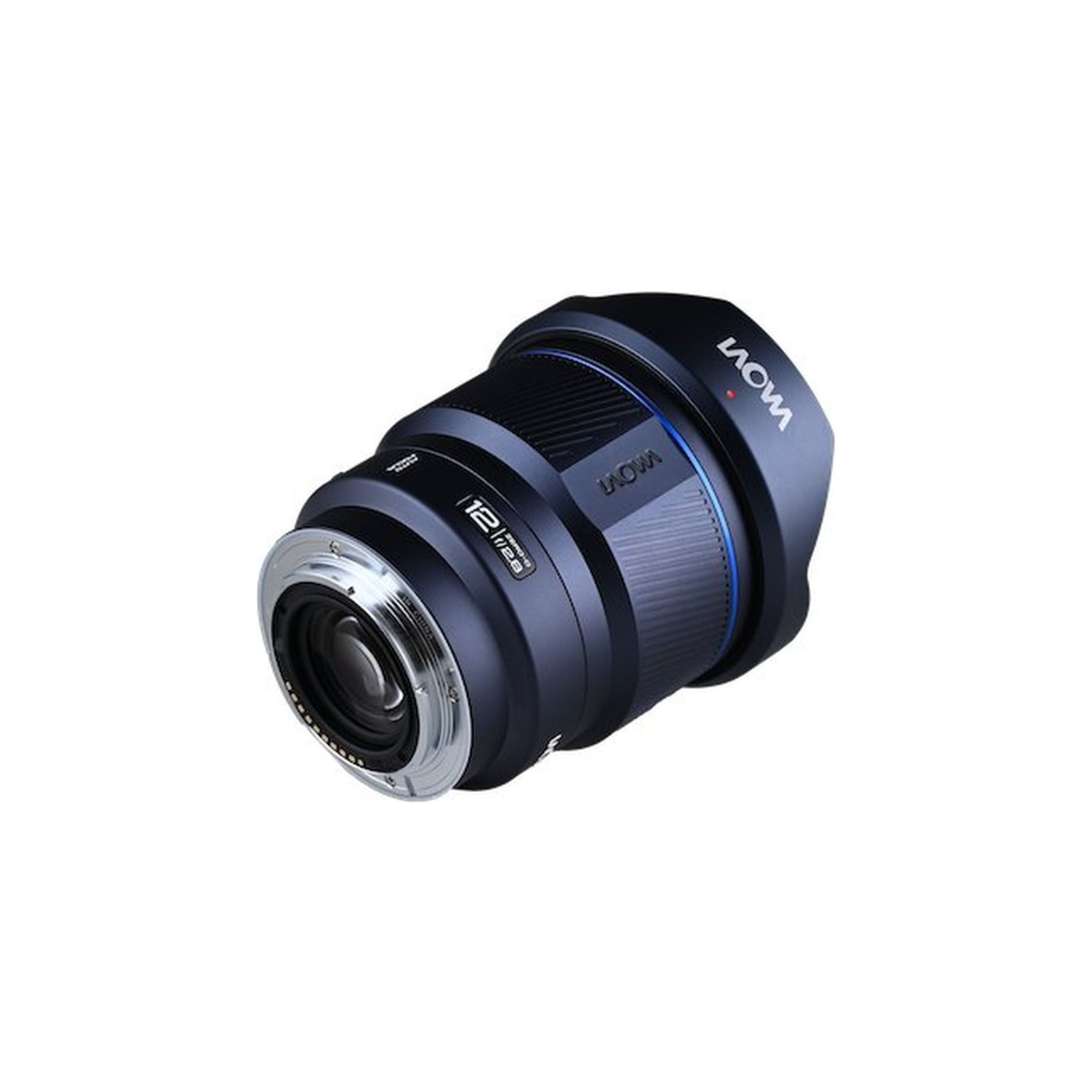 A blue camera lens with "12 1:2.8" marking and LAOWA logo.