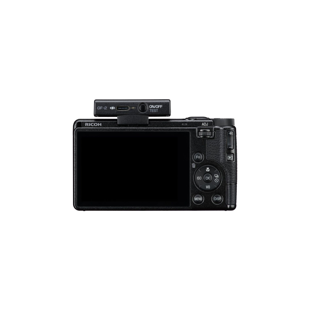 Rear view of a black Ricoh camera with an external microphone attached.