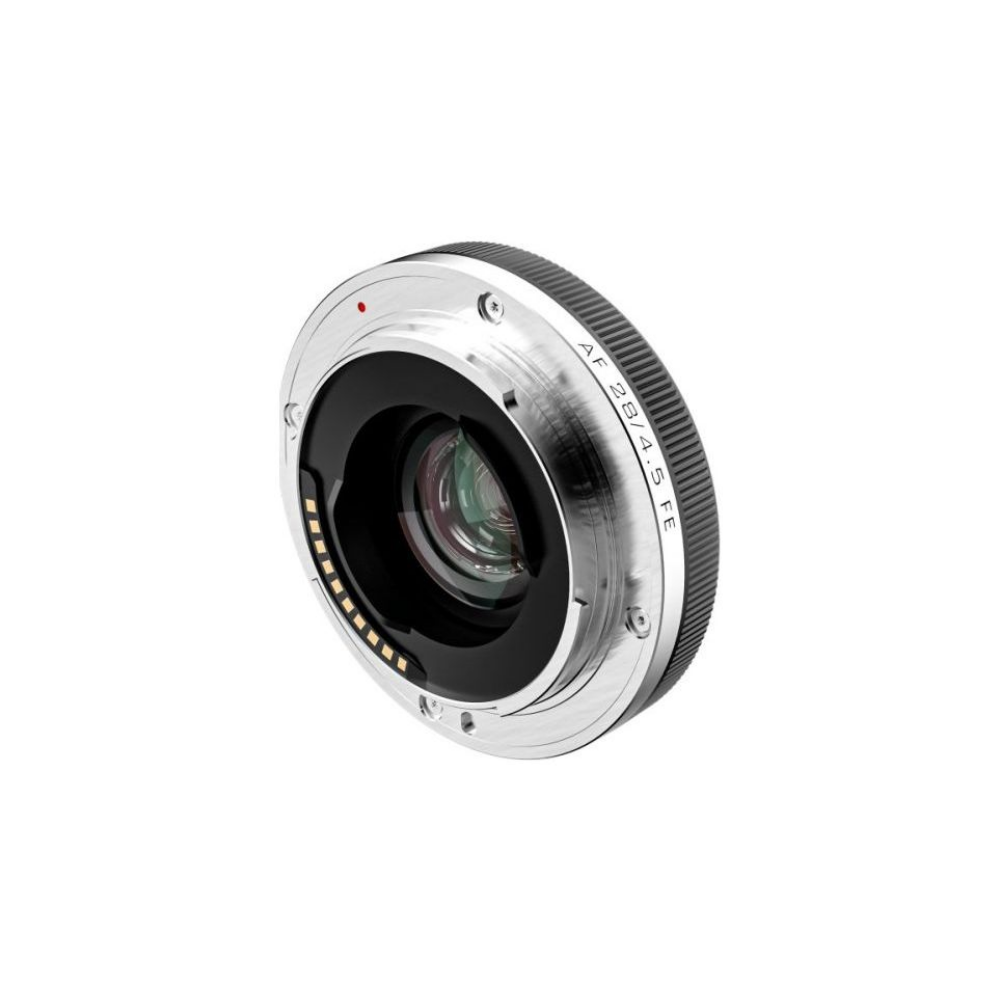 Een zilveren camera lensadapter met zwarte ring, gelabeld AF 2.8/4.5 FE.
