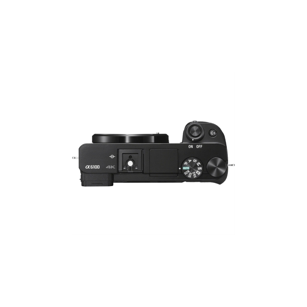 Top view of a black Sony Alpha 6100 camera with control buttons.