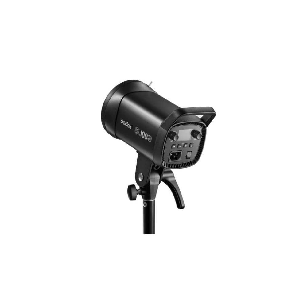 Lampe de studio noire avec écran et commandes sur un pied.