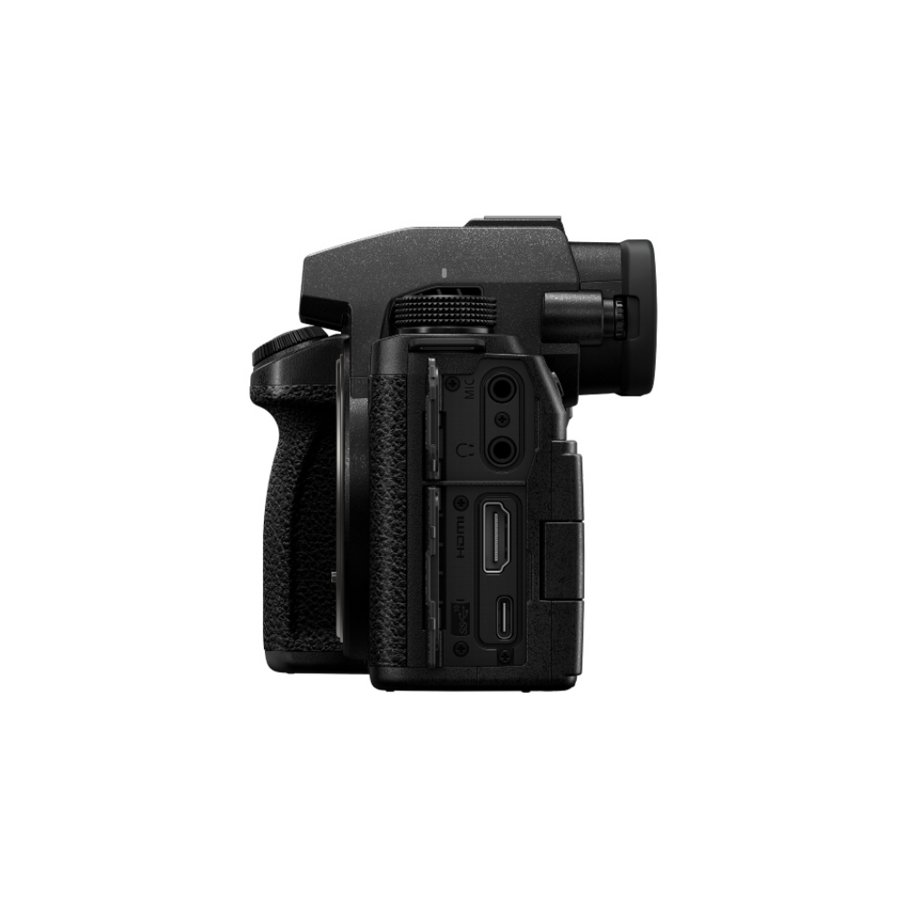 Black camera with side ports: HDMI, USB-C, mic, and headphone jacks.