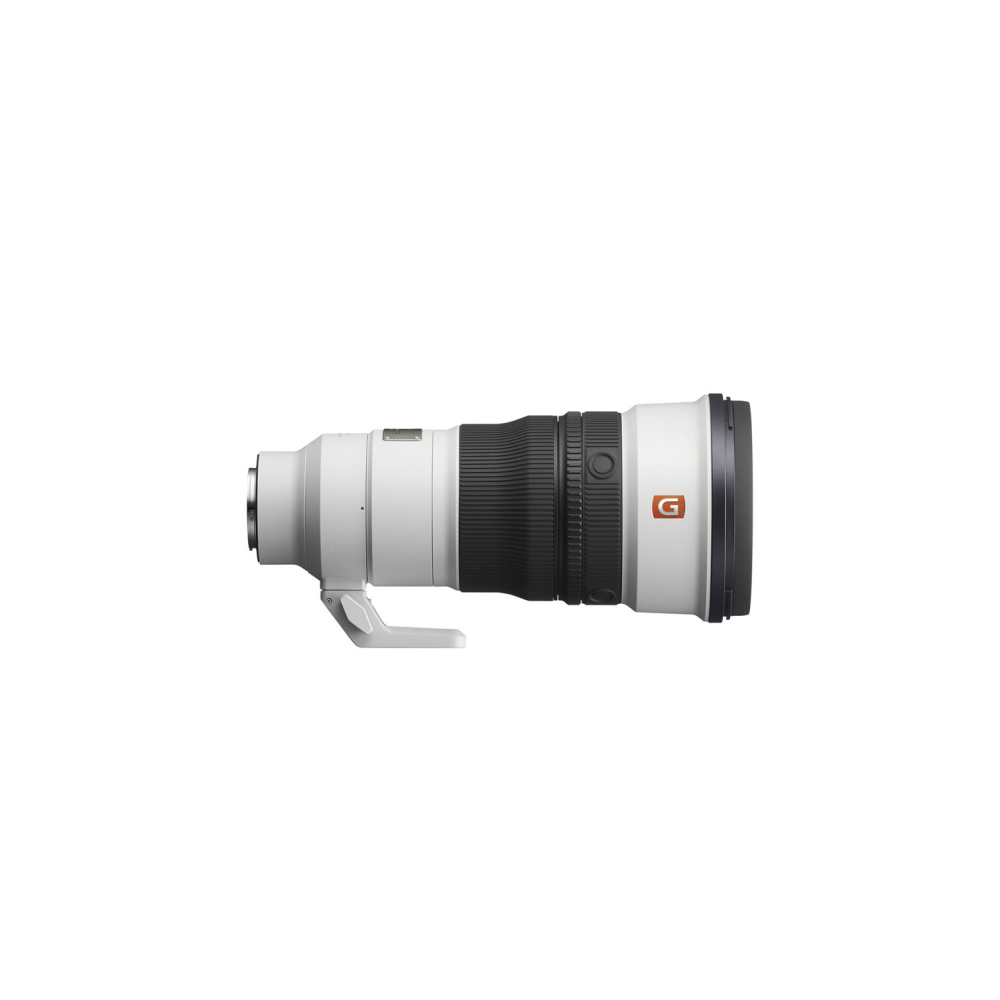 A white Sony G lens with a black focus ring and lens hood.