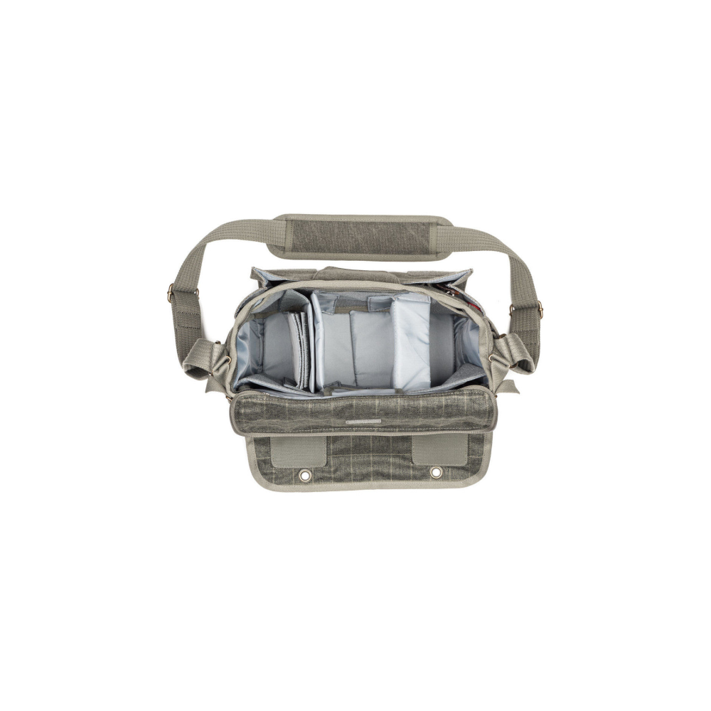 A grey camera bag with multiple compartments, shown against a white background.