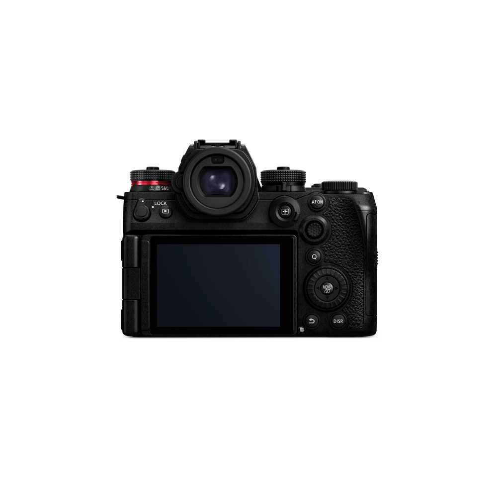Rear view of a black digital camera with LCD screen and control buttons.