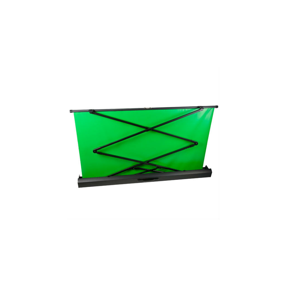 Un telón de fondo verde configurado con un soporte de brazo de tijera negro.