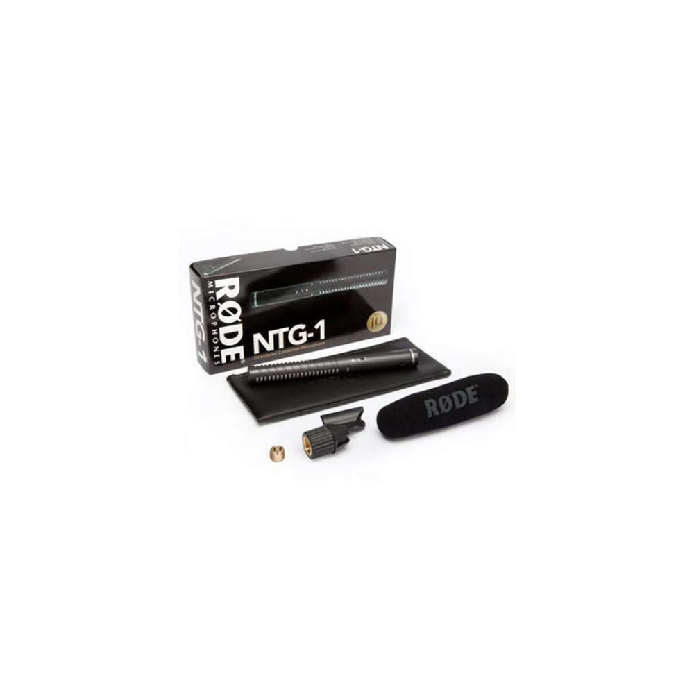 Kit de micrófono Rode NTG-1 con parabrisas y soporte en cuero negro.