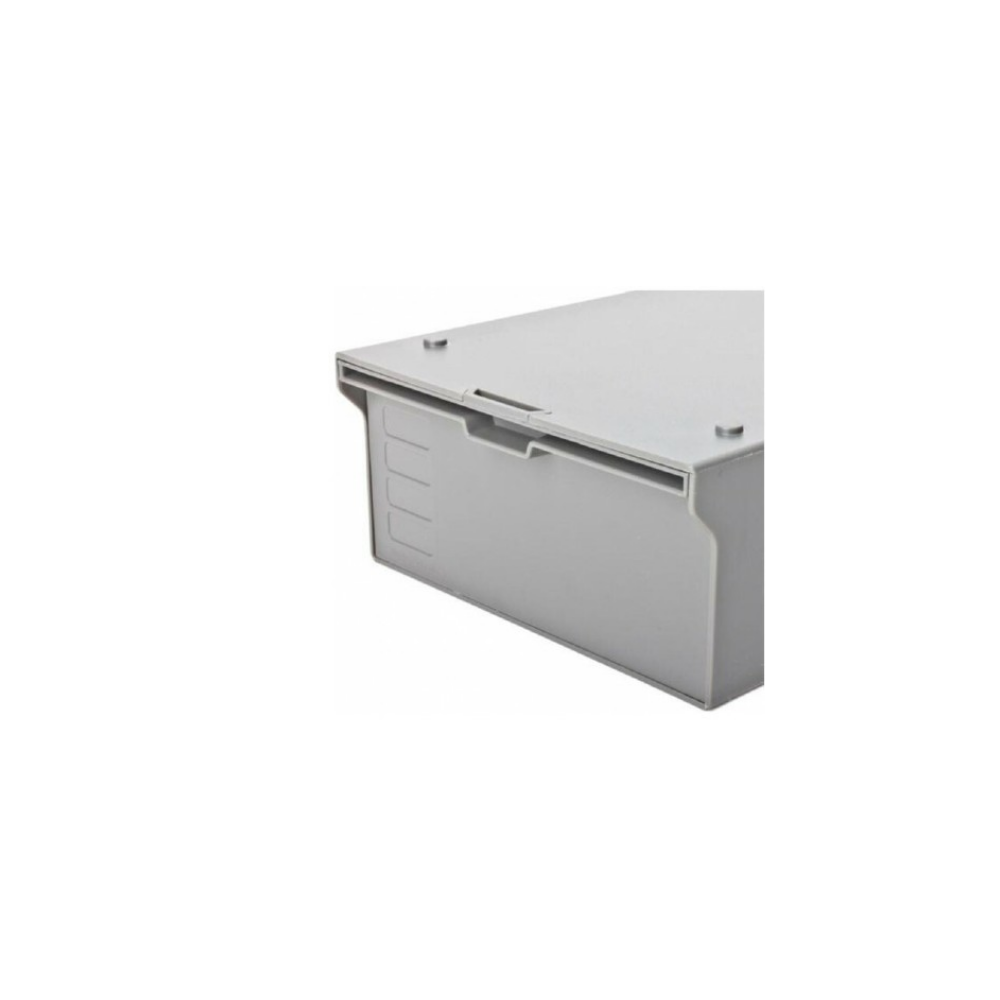 Graue Schubladenbox mit Griff und vertikalen Linien.