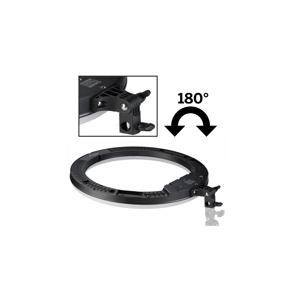 Un flash de luz anular negro con soporte y flechas de rotación de 180 grados.