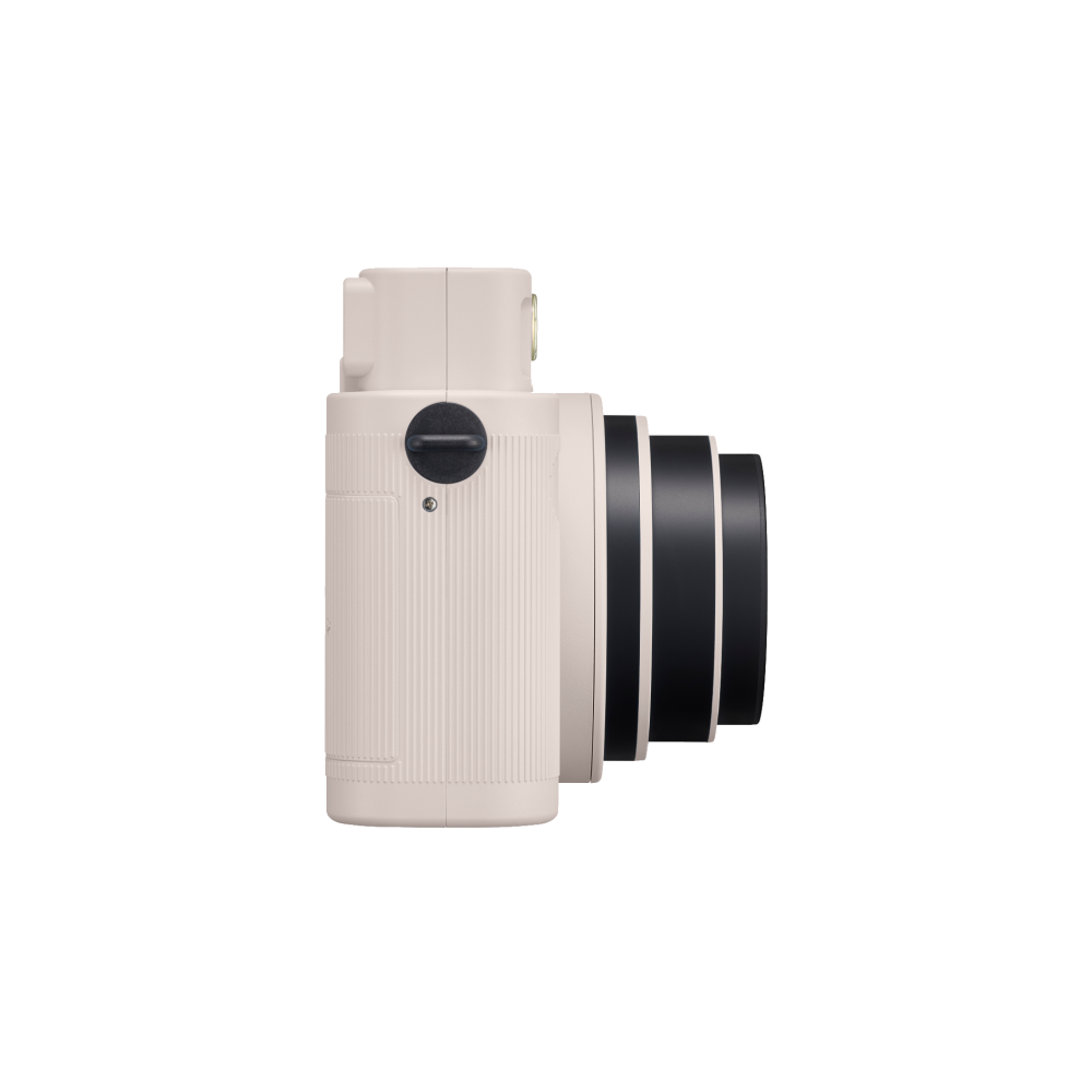 A white camera with a black lens and rings.