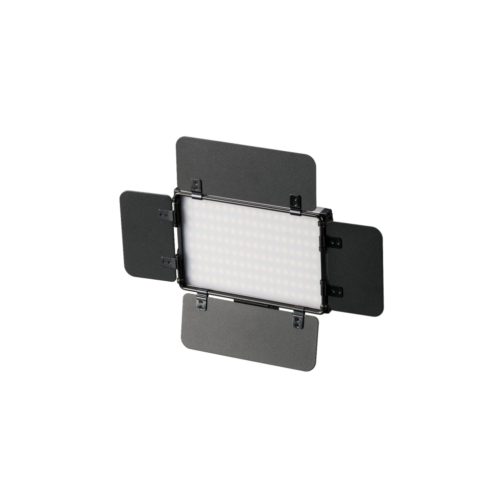 Een zwart LED-paneel met vier verstelbare barn doors, op witte achtergrond.