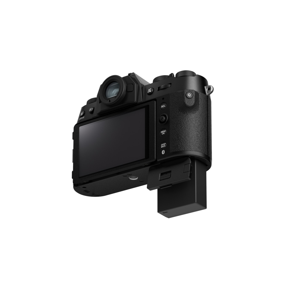 Zwarte digitale camera met uitklapscherm en batterijcompartiment.