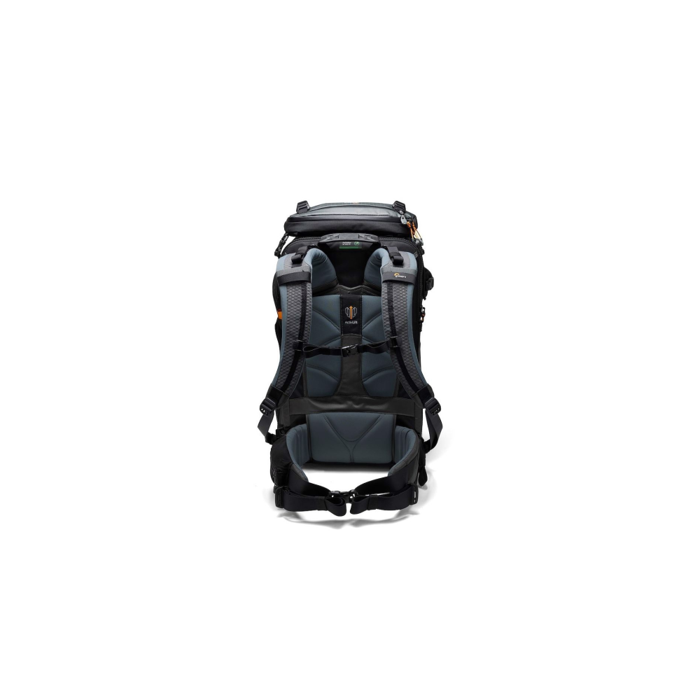Vue arrière d'un sac à dos gris et noir avec bretelles rembourrées et ceinture.