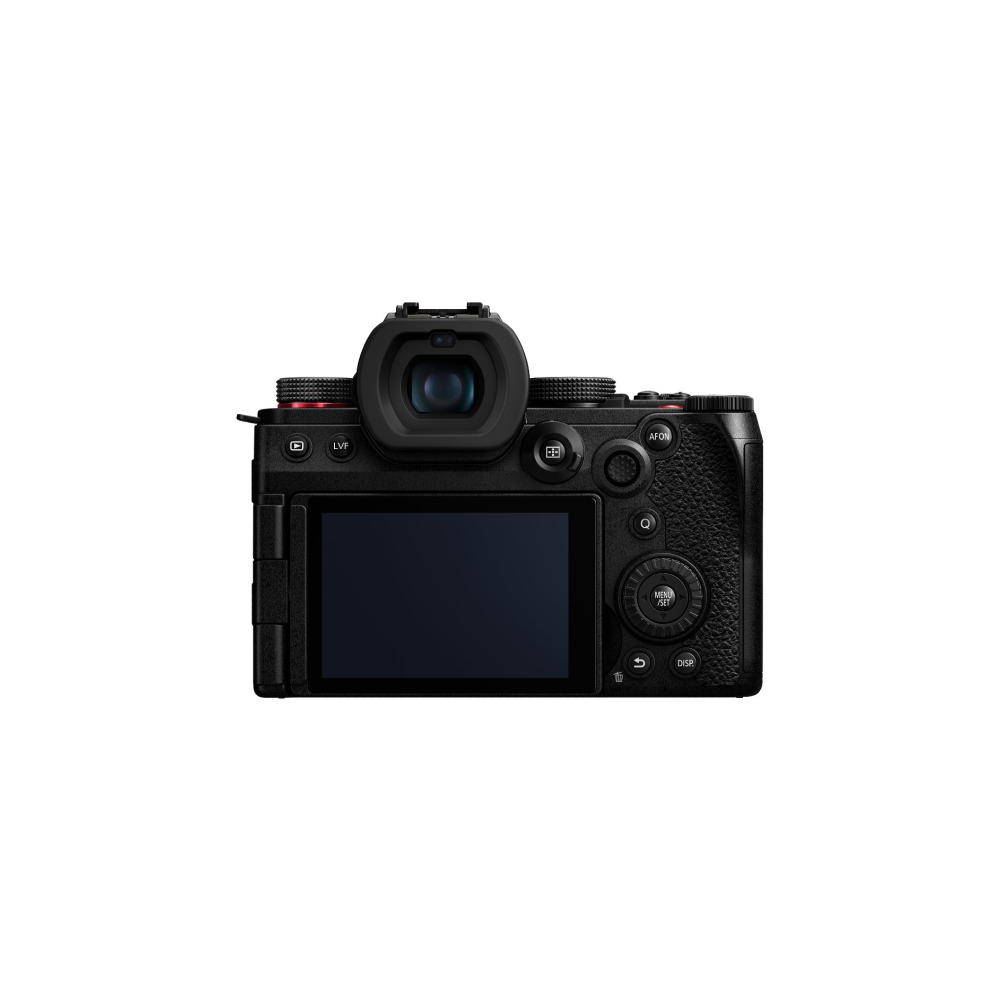 Back view of a black digital camera with viewfinder, screen, and controls.