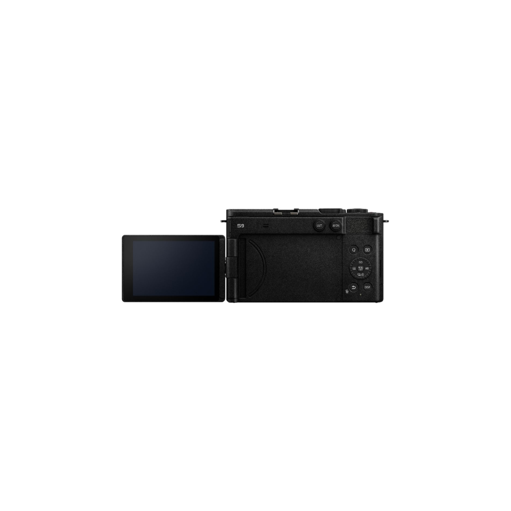 Black digital camera with a flip-out screen.