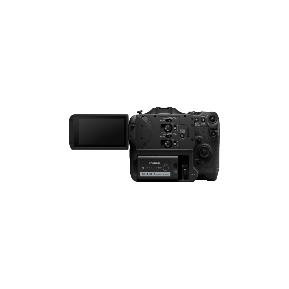 Rear view of a black Canon camera with its screen flipped out and a BP-A30 battery.